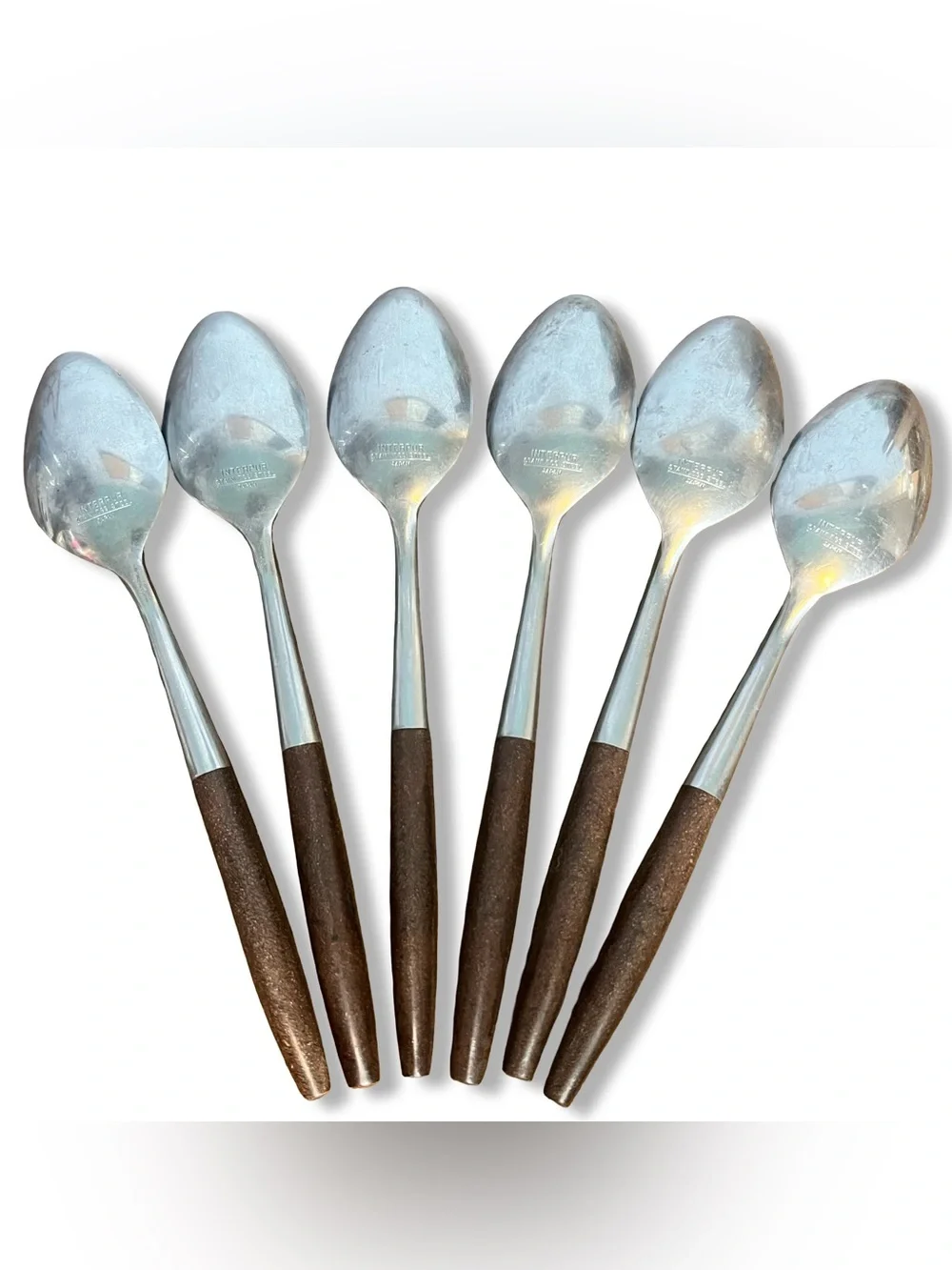 MCM Mid-Century Interpur Stainless Steel Spoon Brown Wood Handles Japan Set of 6